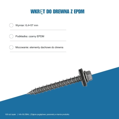Wkręt do drewna Info-GLOBAL ARW 6,4×57 mm z EPDM, ocynk bez lakieru, 100 szt.